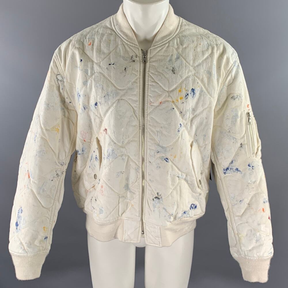 JOHN ELLIOTT Size XL White Navy Paint Splatter Cotton Bomber Jacket